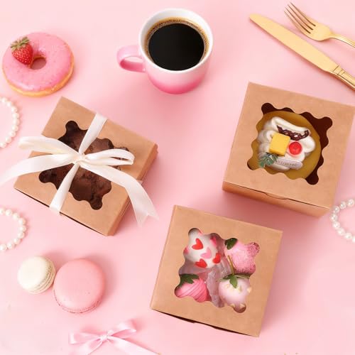 Moretoes 50pcs Small Cookie Boxes with Window, 4x4x2.5In Brown Bakery Boxes | Kraft Treat Boxes, Fit Small Cookies and Pastries, Suitable for Party Favors and Gifts - color: Brown