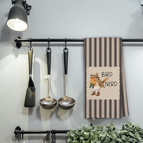Funny Bird Nerd Kitchen Towels, Bird Watching Gifts, Farmhouse Birding Neutral Striped Hand Towels of Bathroom, Birds Nerd Lover Watcher Gifts for Women Men - color: Bird Nerd