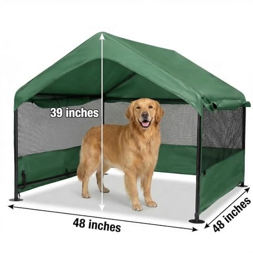 Dog Tent House Outdoor Shade 4'x4'x3' Shelter for Large Medium Pets,Outside Sun Rain Waterproof Canopy with Three-Sided Breathable Mesh Windows,Livestock House with Ground Nails,Deep Green - color: Deep Green with Breathable Mesh Windows