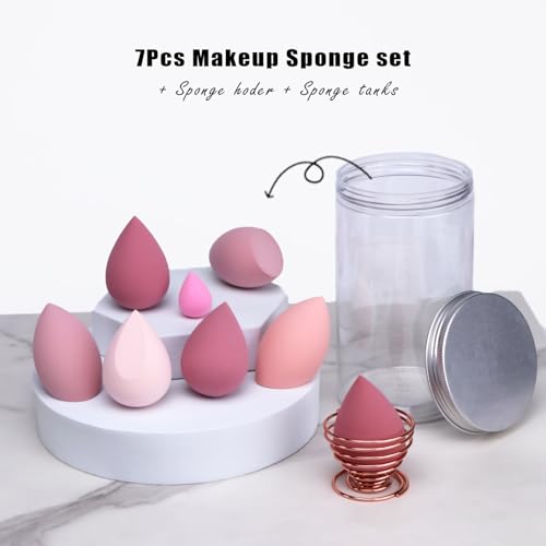 Makeup Sponges Set - Beauty sponges Blending Blenders with 1 Holder and Egg Case, Flawless for Cream, Powder and Liquid (Pink,7Pcs+1Holder+ case) - color: Pink, size: 7Pcs+1Holder+ case