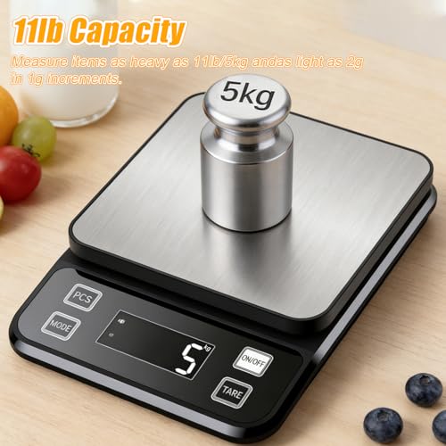 Waterproof Kitchen Scale, 5kg/11lb Food Scale Precisely Measures Grams and Ounces for Baking and Cooking, Stainless Stee Digital Scale with LCD Display Backlight for Food - style: Battery / 11lbs