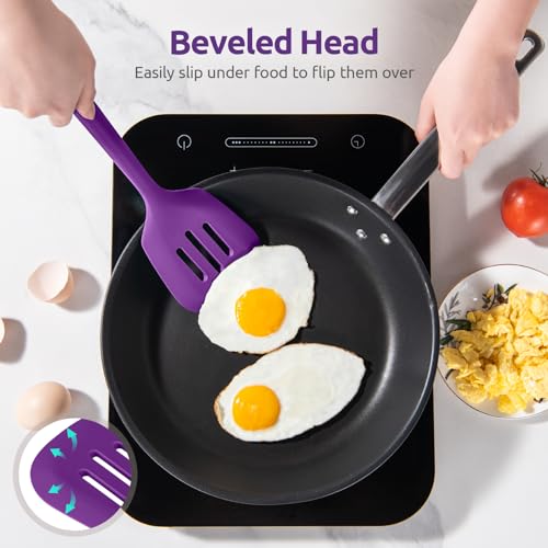 U-Taste Silicone Turner Spatula Set of 2, 13.6" Long/3.7" Wide, Purple | 600ºF Heat Resistant Food Grade Silicone Cooking Utensils Set, Wide Large Solid & Slotted Turner Pancake Egg Flipper - color: Purple
