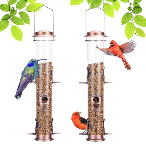 Metal Bird Feeder Tube Hanging Wild Bird Seed Feeder Aluminum Six Port Bird Feeders,1.4 mm Extra Thick Solid Tube Transparent with Steel Hanger Great for Attracting Birds (Antique Copper 2PK) - color: Antique Copper 2PK