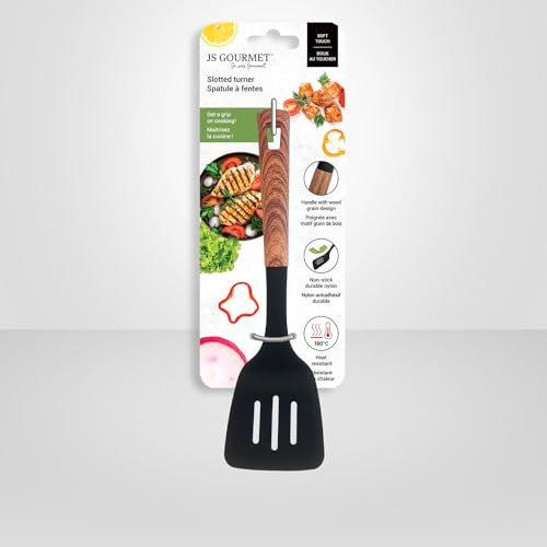 JS Gourmet Soft Touch Nylon Slotted Turner with Wood Grain Handle and Hanging Hole, Heat Resistance, Non Stick Flexible Flipper Spatula, for Flipping Pancakes, Fish, Eggs and More