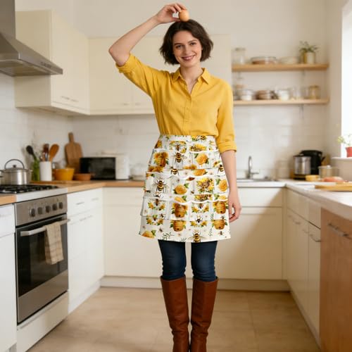 CUTHOLLOW Egg Collecting Apron for Adlut, Housewife, 18 Deep Pockets Hen Egg Gathering Holding Apron with Elastic Closures - style: Bees and Beehive With Sunflower