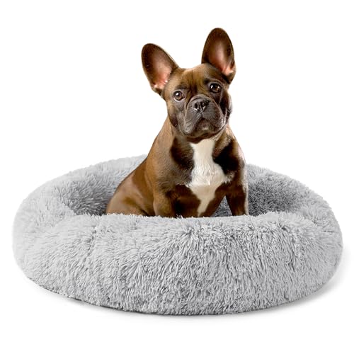 PetAmi Calming Donut Dog Bed, Washable Faux Fur, 23 Inch Small, Light Grey | Warm Shaggy Faux Fur and A Deep Nest Help Anxious Pets Curl Up and Sleep Soundly. Perfect for Puppies, Cats, and Rescues. - color: Light Gray, size: Small - 23"