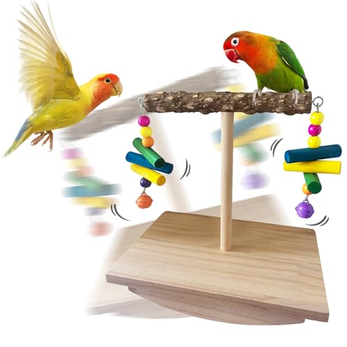 XL Bird Perch Budgie Toy Interactive Spinning Parakeet Perch with Two Hanging Accessories, Wooden Swing Parrot Perch Stand Enrichment Bird Supplies for Cockatiel, Budgie, Conure, Lovebird
