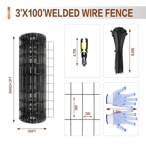 Tongmo 3 ft x 100 ft Black PVC Coated Welded Wire Fence, 16GA Garden Chicken Wire Fence Roll, Mesh Size 2" x 4" Hardware Cloth, Ideal for Yard Protection and Poultry Netting - color: Black, size: 3ft*100ft