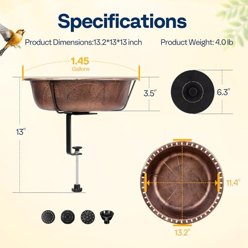 VIVOHOME Deck-Mounted Bird Bath with Solar Fountain, 13-Inch Bowl, Bronze | Solar-Powered Pump, Weather-Resistant ABS, Adjustable Metal Clamp, for Railing/Fence/Balcony, Bird-Friendly, Easy to Clean - color: Bronze, size: Birdbath with Fountain