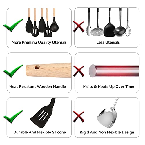 Non-Stick Silicone Cooking Utensils Set, 5 Pcs with Wooden Handle, Heat Resistant Silicone Kitchen Gadgets (Black) - color: 5 PCS Set Black
