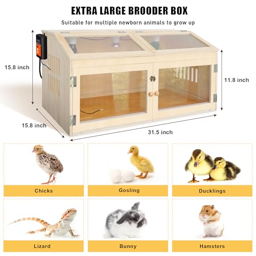 Intelligent Chicken Brooder Box for Chick with Digital Thermostat, 32" Wide Large Wooden Chick Brooder Box with Heating Lamps, Sliding Drawers & Door Handle for Hamster Chicks Duck Indoor Outdoor