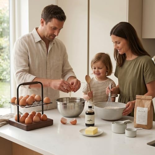 Farmhouse Wooden Egg Holder Countertop, 2-Tier Walnut Wood & Metal Egg Rack with Handles for 25 Fresh Eggs, Rustic Egg Tray Organizer for Kitchen Counter, Holds Eggs Farm Fresh Storage