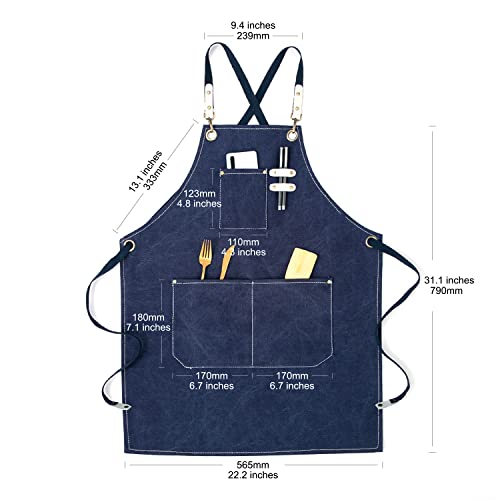 Hongsome Cotton Canvas Cross Back Apron for Art Painting Garden Chef Bartender Work,Women Men 3 Pockets Waterproof M-XXL - color: Blue