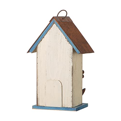 Glitzhome 10.25" Hanging Birdhouse for Outside, Distressed White with 3D Flowers - Spring Ready Nesting Box & Christmas Garden Gift Idea
