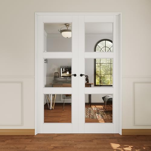 56x80 Interior French Door,3-Lite Clear Glass Doors,Living Room Doors | Matte Black Hardware-Privacy Door Lever with Lock, Latch&Hinges, Solid Core,Tempered Glass,No PreDrill,Jamb Assembly Required - color: 3 Lite, Black Hinges, size: 56x80 for 58x82 open