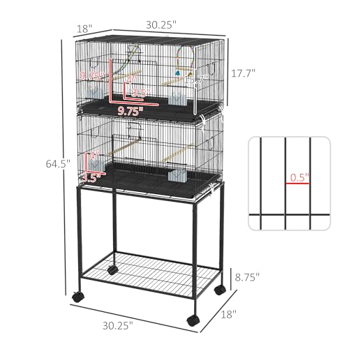 PawHut Double Stackable Bird Cage with Stand for Canaries, Lovebirds | Wooden Swing, Rope Ladder & Wheels, Budgie Cage, Storage Shelf, Removable Tray, Wooden Perches & Food Containers, Finches