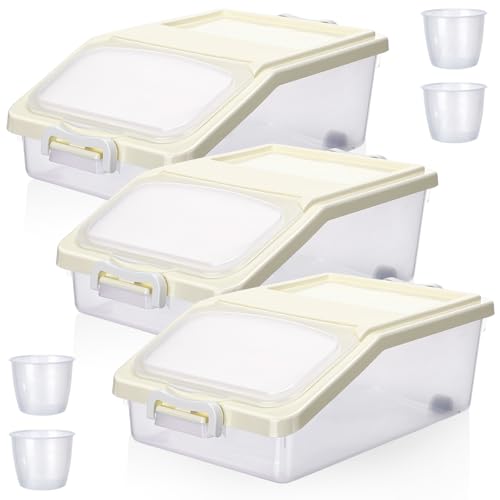 3 Pcs Rice Storage Container 11 lb Airtight Flour Container with Wheels Measuring Cup Clear Pet Food Dog Cat Birds Food Bin Grain Cereal Organizer Box for Dry Baking Supplies(Milky White) - color: Milky White