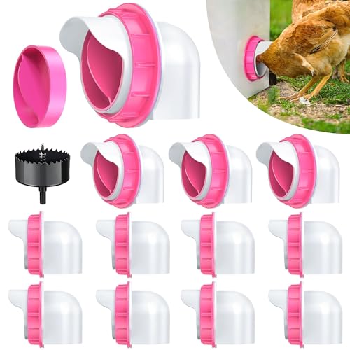 Chicken Feeder Port, 12 Chicken Feeders No Waste, 12 Lids 1 Drill Bit, Pink | Rainproof DIY Automatic Poultry Feeder Cups Kit, Common Breeds Chicken Bucket Feeder for Barrels - color: Pink, size: 12 pack