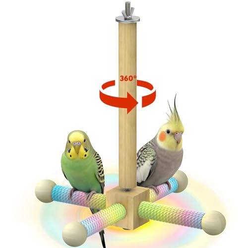 Pawfly 360° Rotating Bird Perch Toy, Interactive Spinning Bird Stand Parrot Perch, Natural Wooden Chew Toy for Small Birds, Cockatiel Toy, Parakeet Toy, Bird Toys for Parakeets, Bird Cage Accessories