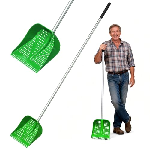 11.8inch Heavy Large 2-in-1 Chicken Poop Scooper & Rake,Adjustable Aluminum Handle（20–61"） Chicken Coop Scoop– Litter Scoop Sand & Sifting Shovel for Chicken Coops Shoveling Snow(Green) - color: Green