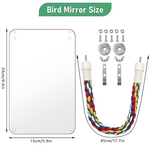 9.4‘’ Bird Mirror for Cage, Coolrunner Bird Parrot Mirror with Rope | for cockatiel conures, lovebirds, Parrot, canaries, and budgies - size: 9.4''