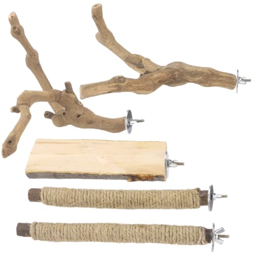 5 Pcs Natural Wood Bird Perch Set, Paw Grinding Standing Branches Hemp Rope Platform Comfort Cage Accessories for Small Parrots Budgies Cockatiels
