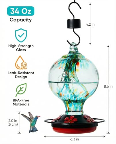 Hummingbird Feeder for Outdoors, 34 oz Hand-Blown Glass Bird Feeders | Decorative lnner Glass Humming Bird Feeder with Ant Moat Hook, Bee Guard Ports, Brush, Unique Garden Gift - color: Rainforest Blue