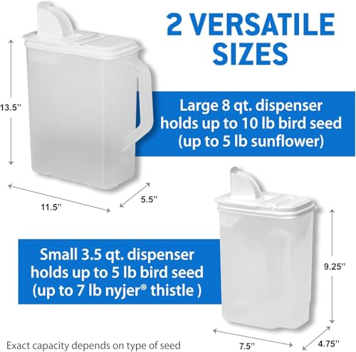 Buddeez Pet Food Storage Containers - 2 Count Bird Seed Dispenser with Pour Tight Lids and Easy Pour Spouts, 8 Qt and 3.5 Qt, Bird Seed Storage for Small and Large Feed, BPA Free