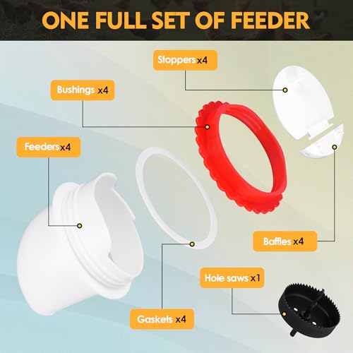 4Pcs Chicken Feeder Port, 3rd Gen Automatic Chicken Feeder No Waste, Waterproof Chicken Feeders with Raised Baffle & 1 Drill Bit, Poultry Feeder for Buckets, Barrels, Bins - size: 4PCS