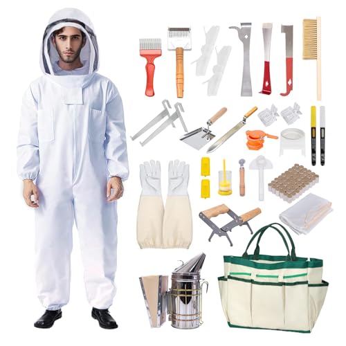 Honey Lake 31Pcs Beekeeping Supplies Starter Kit with Bee Suit – Includes Bee Smoker, Beehive Frame Holder, Frame Grip, Hive Tool, Bee Marking Pen & More Tools for Beginner Beekeepers (XL) - size: XL