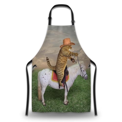 Kitchen Aprons for Women the Cat Cowboy on a Horse Mans Cooking Apron for Cooking Restaurant BBQ Painting Crafting Gardening 27” (W) x 31” (H), Waterproof Aprons - color: The Cat Cowboy on a Horse
