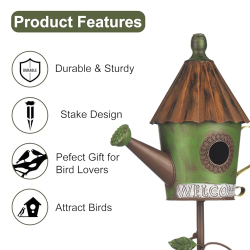 BAYN 57” Metal Bird House Stake for Outside Decorative | Kettle Design, Double-hole, Easy Assembly, Cleaning Door, Sturdy Wild Birdhouse on 5 Pronged Garden Stake Pole - style: Kettles
