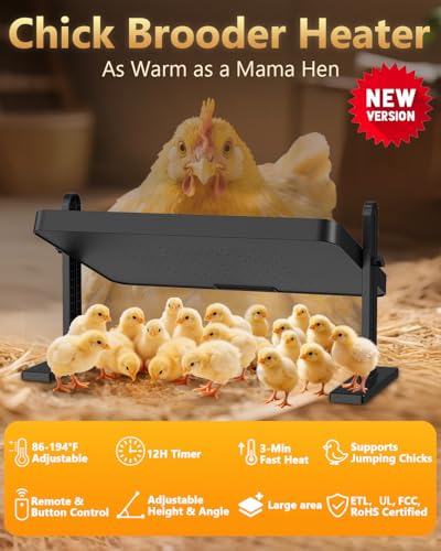 Chick Brooder Heating Plate with 86–194℉ Adjustable Temp, 12H Timer, Adjustable Height & Angle, 200W Rapid Heating Brooder Heater with Remote, 16"x12" Fits 30 Chicks, Ideal for Ducklings, Quail
