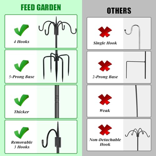 Heavy Duty Shepherds Hook 2 Pack 92" Four Hooks Adjustable (44/60/76/92") - Metal 5-Prong Base, 17lb Capacity - Easy Assembly Bird Feeder Pole for Hanging Planters, Lanterns, Wind Chimes - color: 2-Pack, size: 92" Quadruple Hook