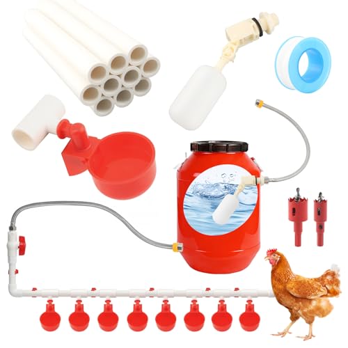 Automatic Chicken Waterer System Complete Set Pipeline Poultry Water Feeder with Water Cups, Float Valve, Garden Hose for DIY (Bucket Not Included)