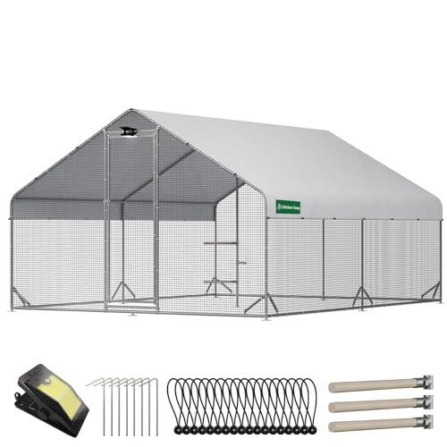 CHIKENCOOP 2-Room Metal Chicken Coop Run, Hardware Cloth, Solar Light | Two-room walk-in run with galvanized hardware cloth, full-top waterproof UV-resistant cover, solar light, and center perch - size: 156.0"L x 118.0"W x 78.0"H