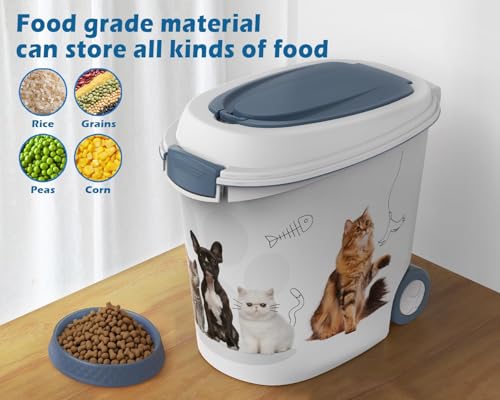 DRATO Pet Food Storage Container with Wheels 30LB Capacity | Resin, Slow Feeder Bowl and Scoop, Easy to Move, Keep Food Fresh, For Dogs, Cats, Birds - color: Blue