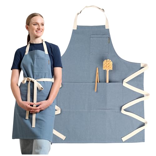 Chef Aprons for Women with Pockets, Adjustable Bib Aprons for Cooking - color: Blue