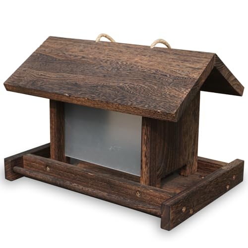 Hanging Wooden Bird Feeder Outdoor Large Capacity Wood Birdfeeder with Surface Treatment for Feeding Outside Garden Wild Birds Finches Robin Sparrow Blue Jay Chickadees - color: Dark Wood Color