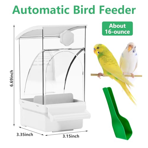 Hamiledyi 2Pcs Automatic Birds Feeder No Mess Bird Cage Feeder Transparent Acrylic Parrot Seed Food Container with Perch Bird Cage Accessories for Parakeet Finch Lovebirds Budgies Canary (White) - color: White Feeder - 2 PCS