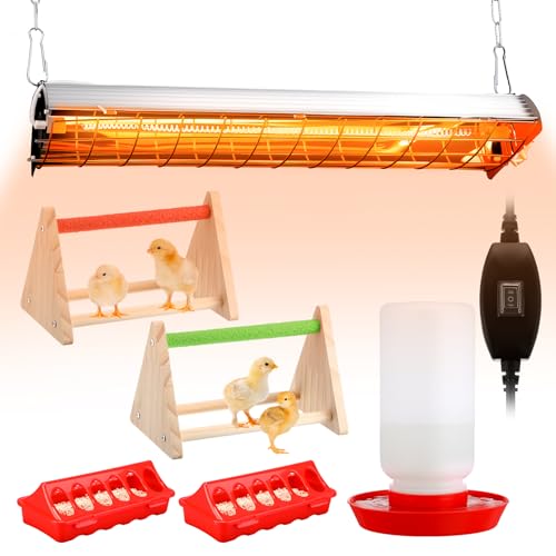 400w Large Hanging Chicken Coop Heater Lamp Carbon Fiber Chicks Brooder Heater 5pcs Chick Feeder and Waterer Kit with Wooden Perch for Poultry Chicks Ducks Quail Pigeons Birds