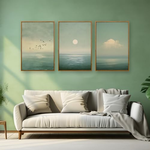 QTUSYUR Japandi Wall Art - Large Farmed Minimalist Sage Green Sunset Art Print - Abstract Calm Seascape Artwork for Bedroom Yoga Room - Scandinavian Zen Peaceful Wall Picture for Home Decor 16”×24”×3 - style: Seascape