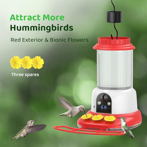 SEHMUA Smart Hummingbird Feeder with Camera, Solar Powered Bird Cam with 1 Year Trial AI Identify, Ant Moat & Bee Proof, Outdoor Hanging, Gift for Bird Watching - color: Red