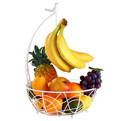 Buruis Metal Fruit Basket Bowl with Banana Holder, Bird Design, White | Kitchen Countertop Organizer, 2-in-1 Fruit Storage Bowl, Banana Rack, Modern Kitchen Decor, Dining Table Centerpiece - color: White
