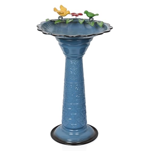 Alpine Corporation ORS112BL Vintage Metal Pedestal Birdbath with Stand, Shallow Bird Bath Bowl for Outside, 28" H, Blue - color: Blue