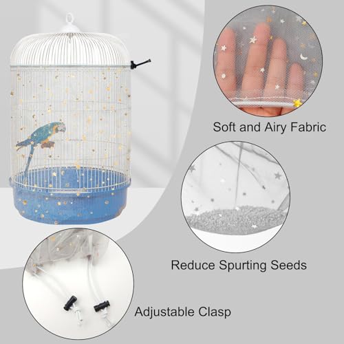 Bird Cage Seed Catcher, 45-90'' Adjustable Cover, Universal Nylon Mesh Net, Skirt Guard Accessories for Parrot Parakeet Macaw Round Square Cage (Gray) - color: Grey, size: Small