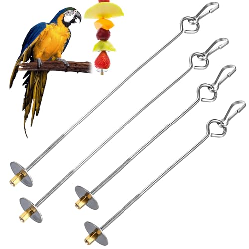 4PCS Bird Cage Food Holder with Hook, Stainless Steel Bird Feeder for Cage, Parrot Fruit Skewers, Birds Foraging Toys for Macaw Parakeet Parrot Budgie (2 Sizes)