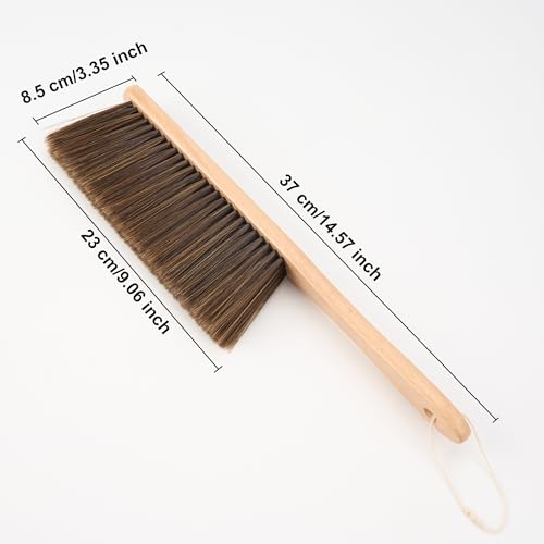 Hand Broom, 3 Pcs Dust Brush Set, 5 Rows Wider Horsehair Brush with Reinforced Fiber and Beech Wood Handle, Soft and Flexible for Furniture, Sofa, Bed, Clothes, Carpet, Counter, Bench