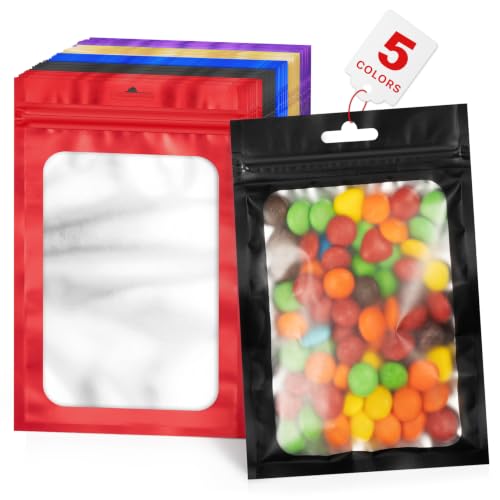 ANZNKU 100 Pcs Colorful Mylar Bags, Resealable Smell Proof Small Foil Pouch | 5Colors, 4.13x5.91", Frosted Clear Window, Plastic Packaging Bag for Small Business Candy Jewelry Treat, Seal Zip Baggies - color: 5 Colors - 2, size: 4.13x5.91 inches