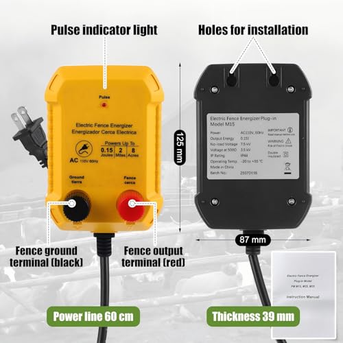 Electric Fence Charger Set 2 Mile 110VAC 0.15 Joule Electric Plug in Fence to Contain Chickens Pet Poultry 50 Black Insulator and 1 Socket Tool 250ft Aluminum Wire for Garden Pond Protection - style: 0.15 Joule